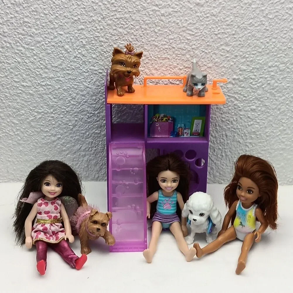 Barbie Club Chelsea Dolls & Yorkshire & Scottish Terrier Poodle Kitty Lot Puppy